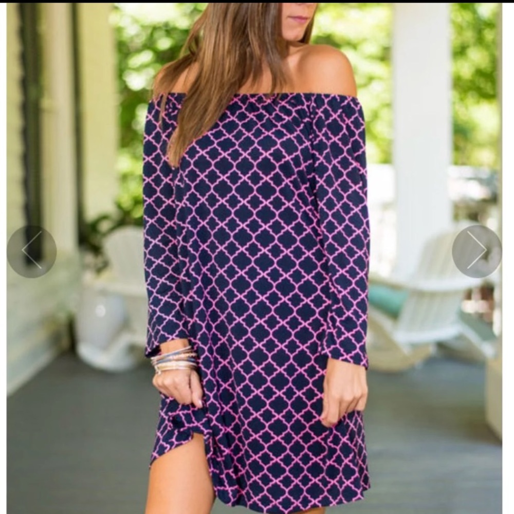Navy and pink off the shoulder dress